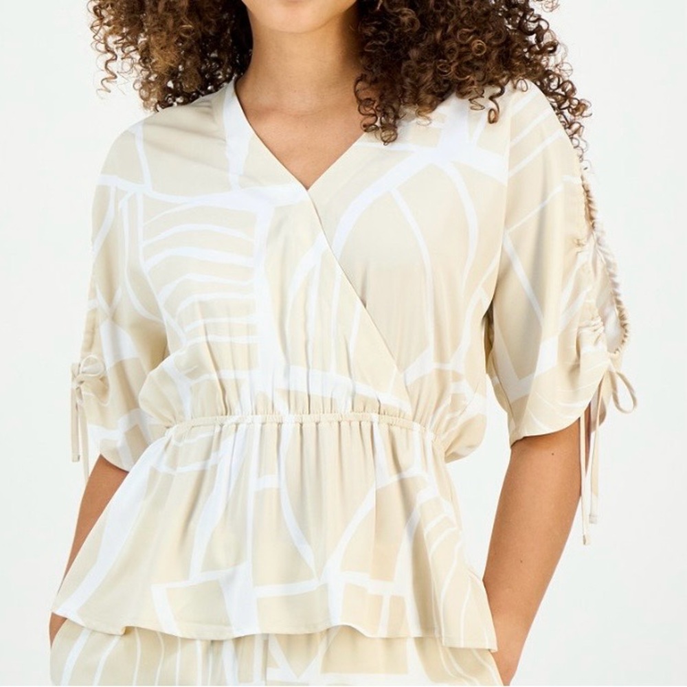 INC Beige & White Print V-Neck Peplum Top Matching wide leg pant sold separately